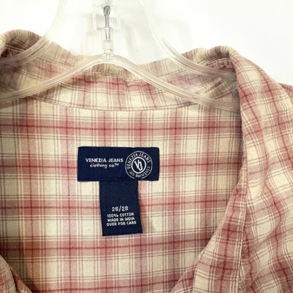 Venezia Plus Size 27/28 Top Plaid Button Up Red Beige Long Sleeve Western - Picture 3 of 3